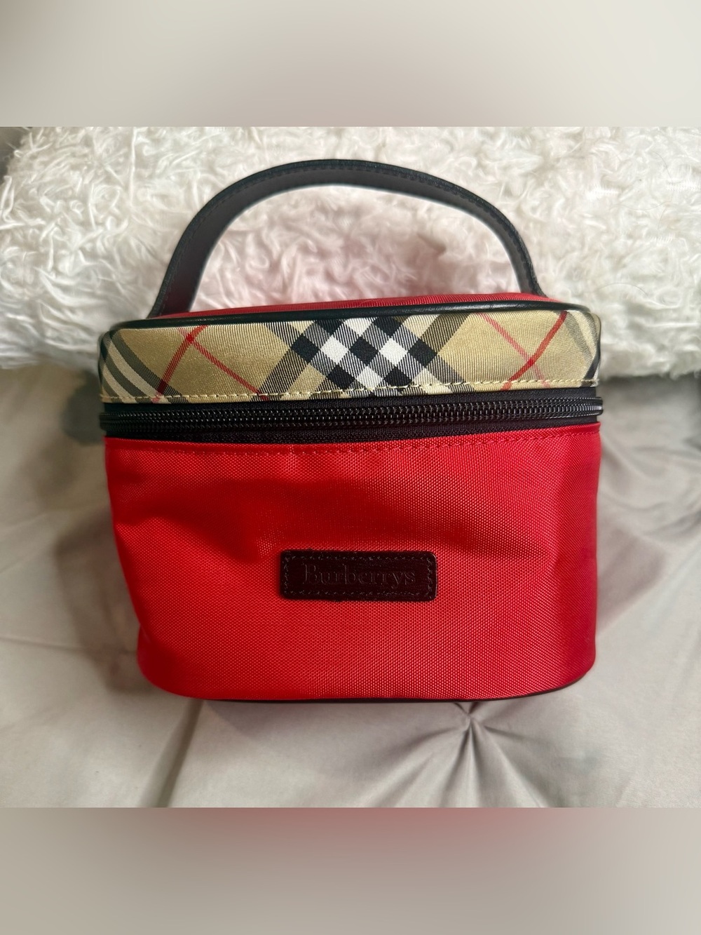 Burberrys Red Canvas Nova Check Vanity Bag / Cosmetic Case + COA
